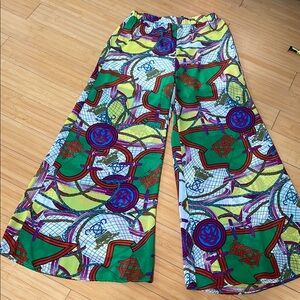 Zara Multicolor Geometric Designer Pattern Pants Women Wide Bottom Silky XS